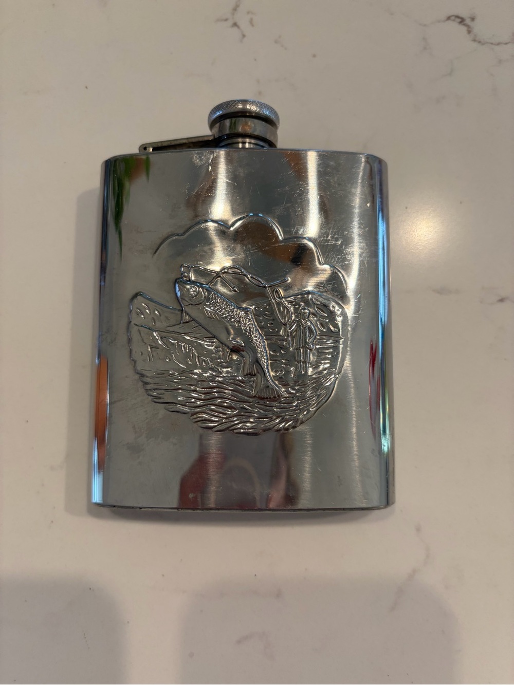 Stainless Steel Fishing Embossed Hip Flask - Silver